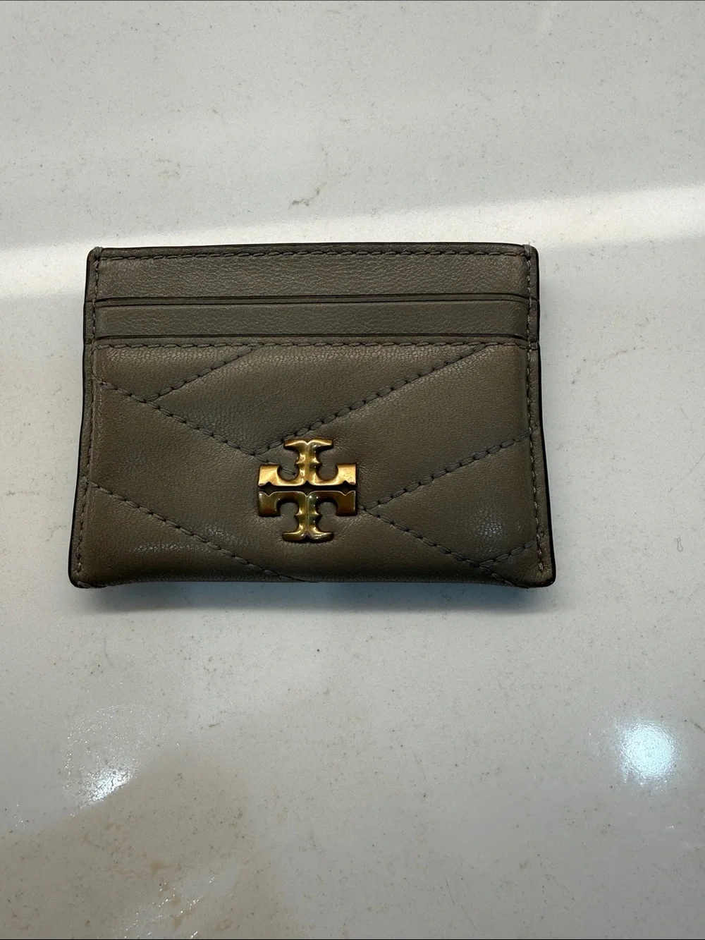 Tory Burch Quilted Leather Card Holder in Taupe with Gold Logo
